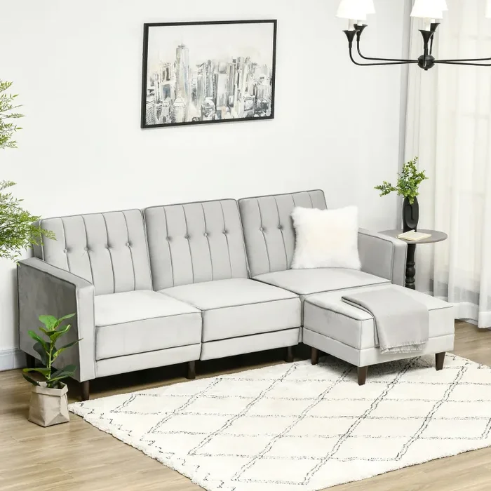 Divano Letto 3 Posti 218x85x86 cm con Poggiapiedi e Schienale Reclinabile in Tessuto Effetto Velluto Grigio Chiaro - immagine 2
