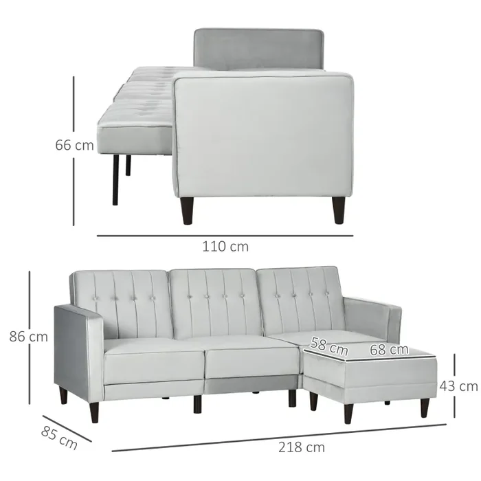 Divano Letto 3 Posti 218x85x86 cm con Poggiapiedi e Schienale Reclinabile in Tessuto Effetto Velluto Grigio Chiaro - immagine 3