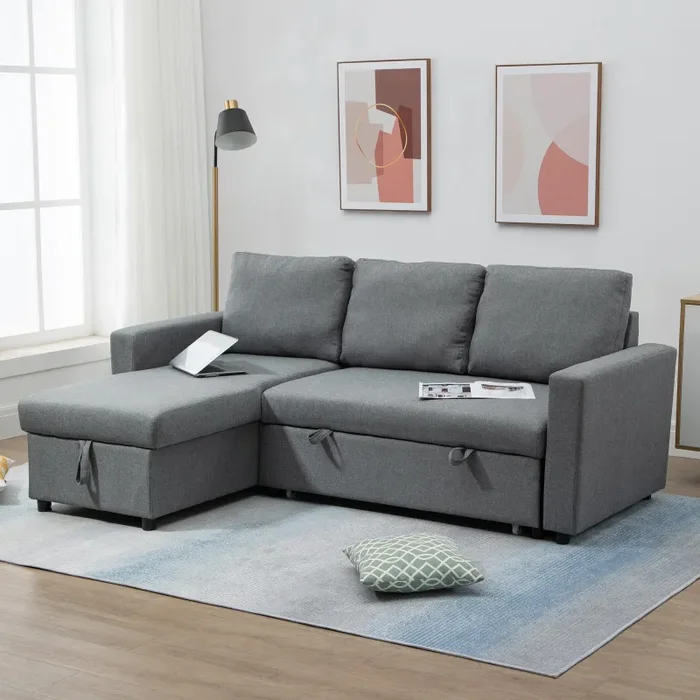 Divano Letto 3 Posti con Chaise Longue Contenitore 211,5x146x85 cm in Tessuto Effetto Lino Grigio - immagine 2