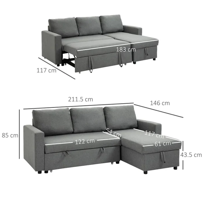 Divano Letto 3 Posti con Chaise Longue Contenitore 211,5x146x85 cm in Tessuto Effetto Lino Grigio - immagine 3