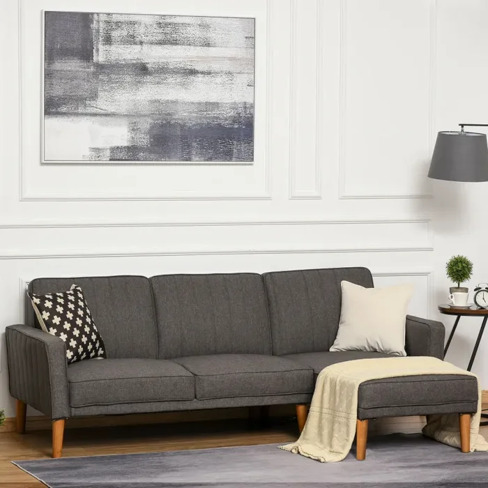 Divano Letto Angolare 216x139x80 cm con Penisola in Legno e Tessuto Grigio - immagine 2