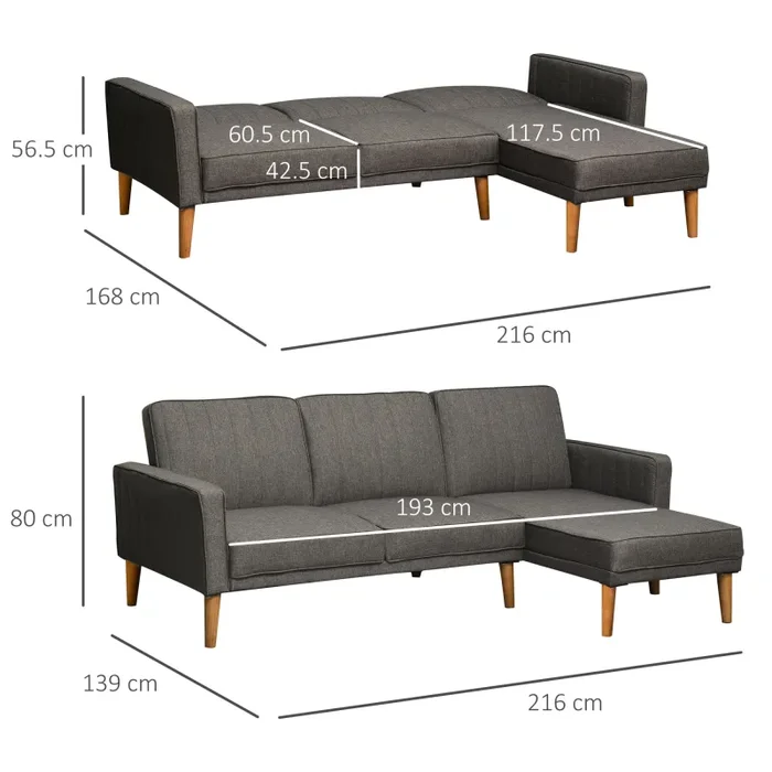 Divano Letto Angolare 216x139x80 cm con Penisola in Legno e Tessuto Grigio - immagine 3