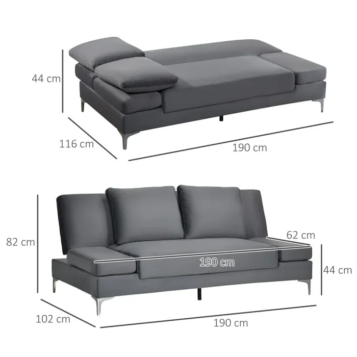 Divano Letto Matrimoniale 190x102x82 cm in Poliestere e Metallo Grigio - immagine 3