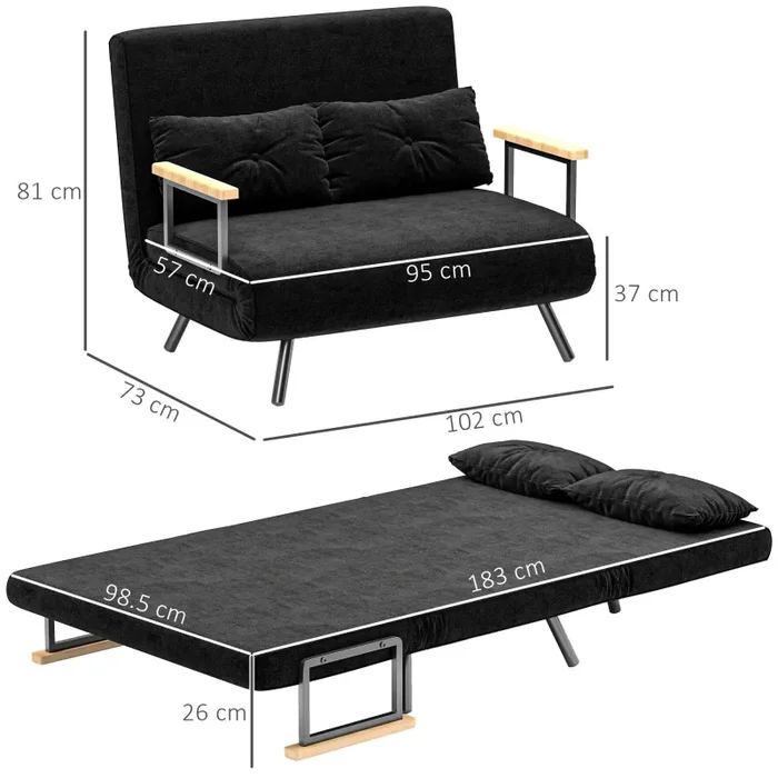 Divano Letto Schienale Regolabile 102x73x81 cm in Velluto Nero - immagine 3