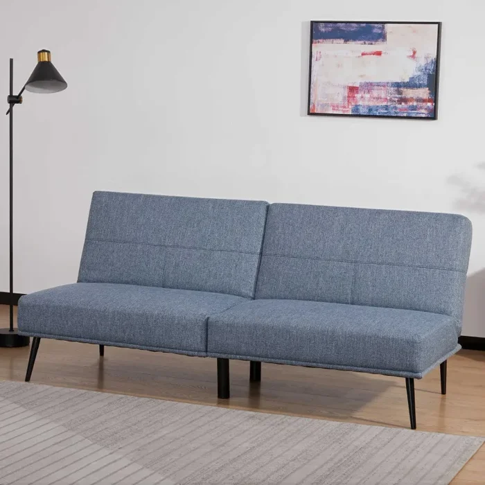 Divano Letto Singolo 180x80x81 cm in Tessuto Effetto Lino Azzurro e Nero - immagine 2