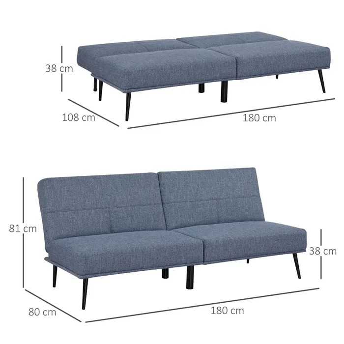Divano Letto Singolo 180x80x81 cm in Tessuto Effetto Lino Azzurro e Nero - immagine 3