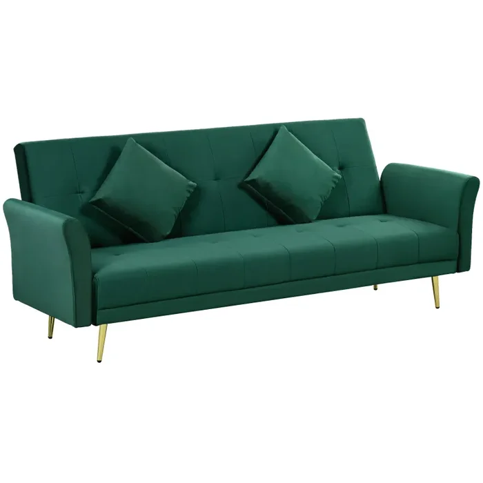 Divano Letto Singolo Clic Clac con Schienale Regolabile 215x83x87 cm in Tessuto Effetto Velluto con 2 Cuscini Verde