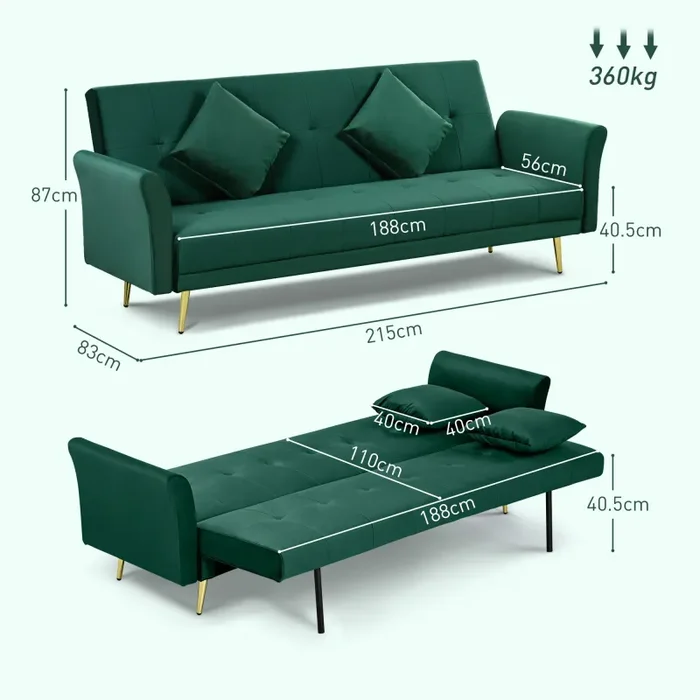 Divano Letto Singolo Clic Clac con Schienale Regolabile 215x83x87 cm in Tessuto Effetto Velluto con 2 Cuscini Verde - immagine 3