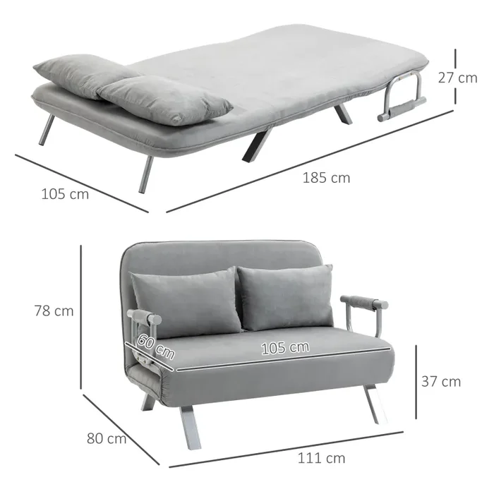 Divano Letto Singolo con Seduta Regolabile in 5 Posizioni 105x80x78 cm in Finta Pelle Grigio Chiaro Moda - immagine 3