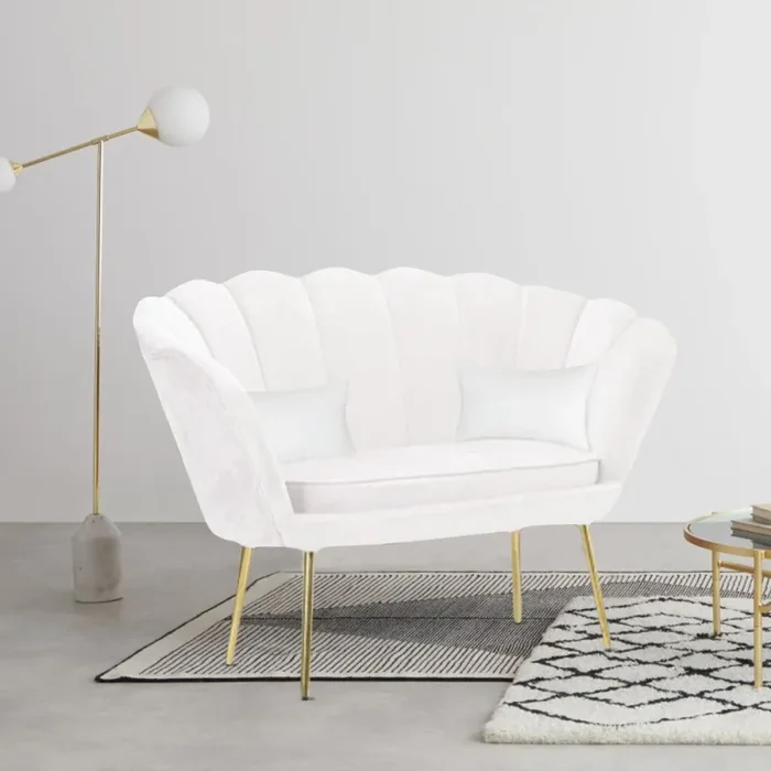 Divano salotto 122x73x78 cm 2 Posti in Velluto Seduta a Conchiglia Lola Bianco