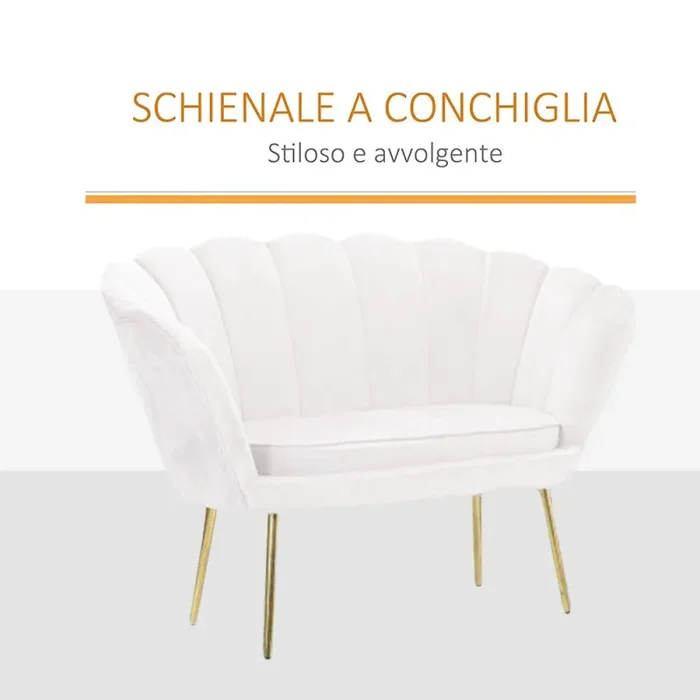 Divano salotto 122x73x78 cm 2 Posti in Velluto Seduta a Conchiglia Lola Bianco - immagine 3