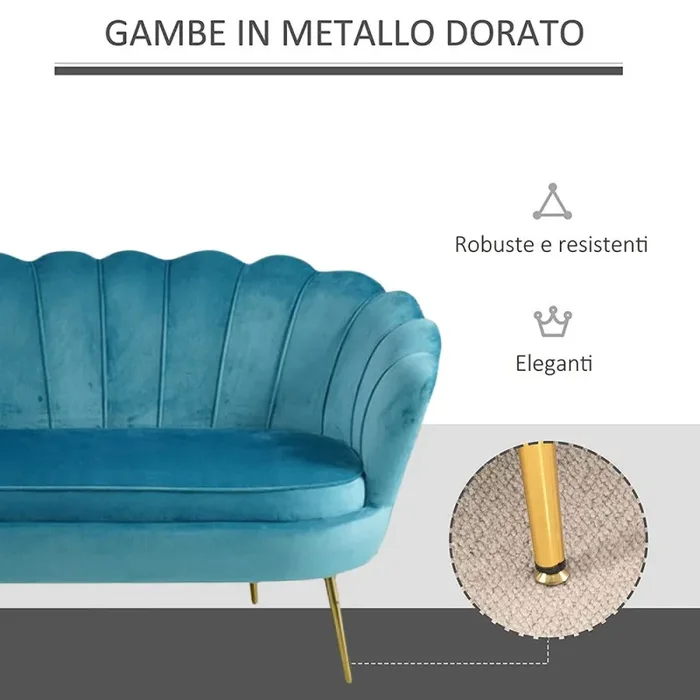 Divano salotto 122x73x78 cm 2 Posti in Velluto Seduta a Conchiglia Lola Blu Vendita online - immagine 2