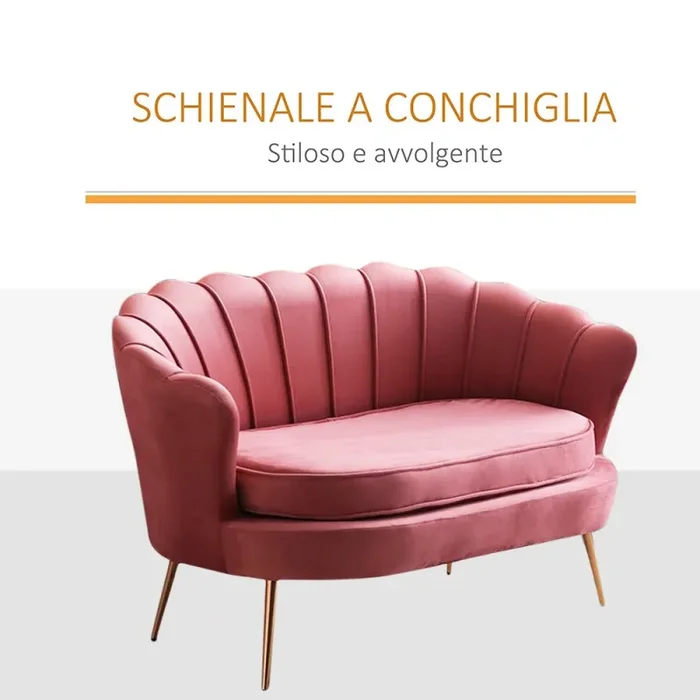 Divano salotto 122x73x78 cm 2 Posti in Velluto Seduta a Conchiglia Lola Rosa antico