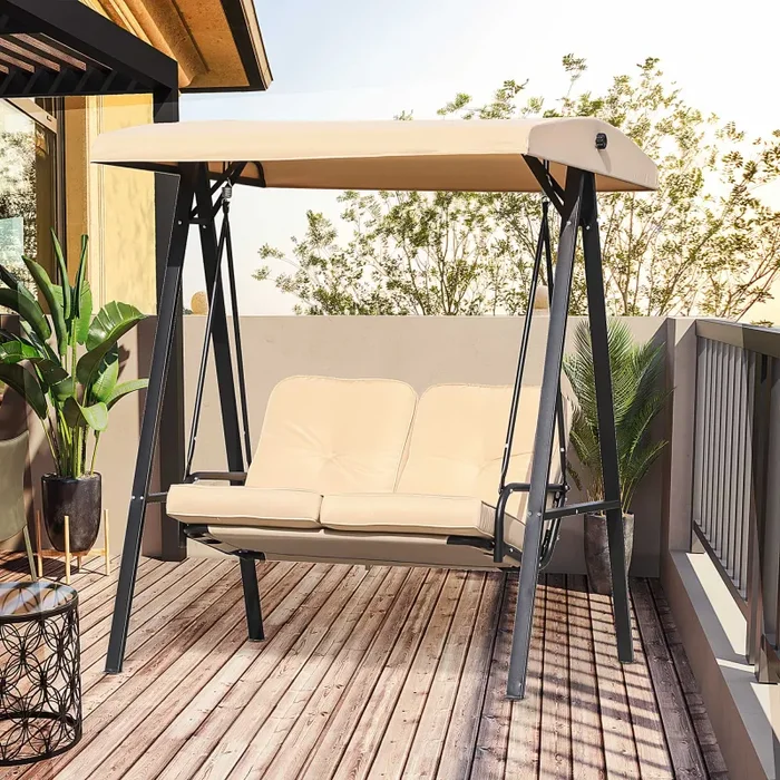 Dondolo 2 Posti da Giardino 138x106x174 cm in Acciaio e Poliestere Beige - immagine 2
