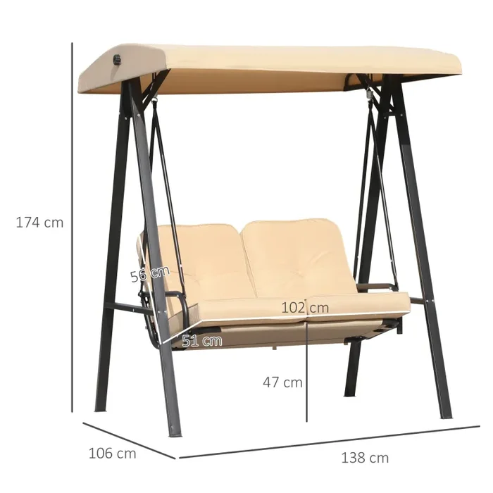 Dondolo 2 Posti da Giardino 138x106x174 cm in Acciaio e Poliestere Beige - immagine 3