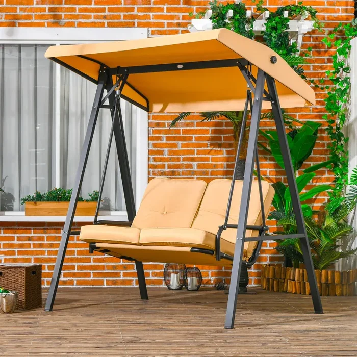 Dondolo 2 Posti in Acciaio e tessuto Teslin 138x106x174 cm con Tettuccio Regolabile e Cuscini Beige - immagine 2