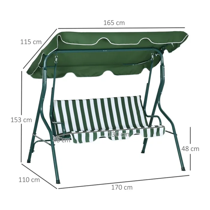 Dondolo 3 Posti con Tettuccio Regolabile 170x110x153 cm in Acciaio e Poliestere Verde e Bianco - immagine 3