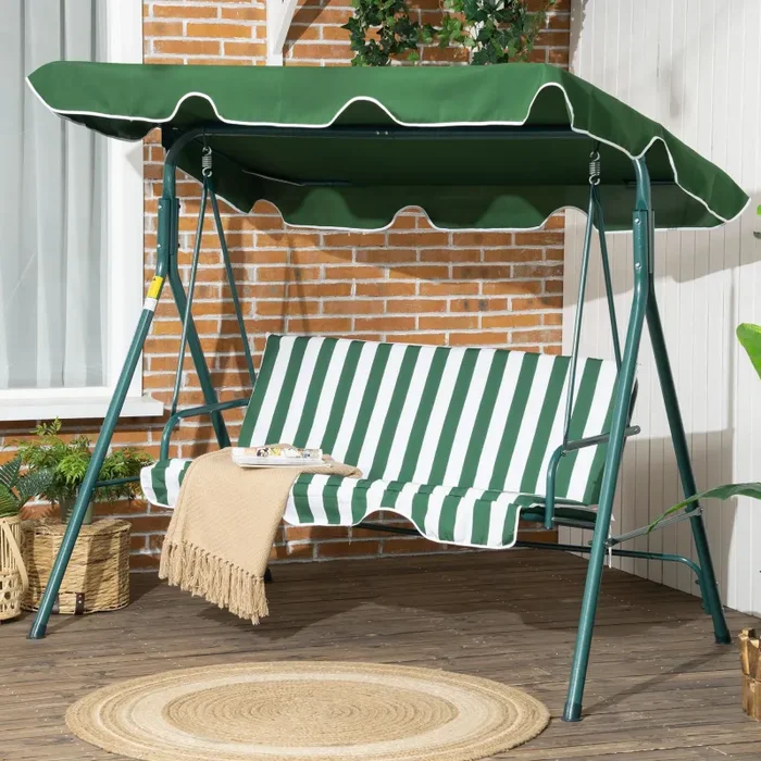 Dondolo 3 Posti da Giardino 172x110x153 cm in Acciaio a Strisce Bianco e Verde - immagine 2