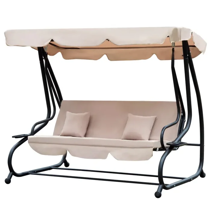 Dondolo 3 Posti da Giardino con Schienale Reclinabile per Funzione Letto Beige