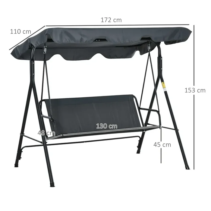 Dondolo da Giardino 3 Posti 172x120x153 cm con Tettuccio Parasole Regolabile e Cuscini Grigio - immagine 3