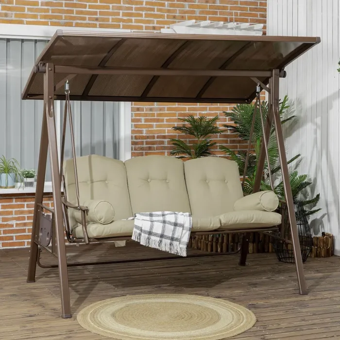 Dondolo da Giardino 3 Posti 208x120x174 cm in Acciaio Marrone e Kaki Moda - immagine 2