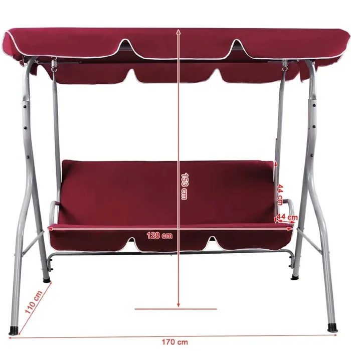 Dondolo da Giardino 3 Posti Altalena Esterno Acciaio + Tettuccio Rosso Bordeaux - immagine 2