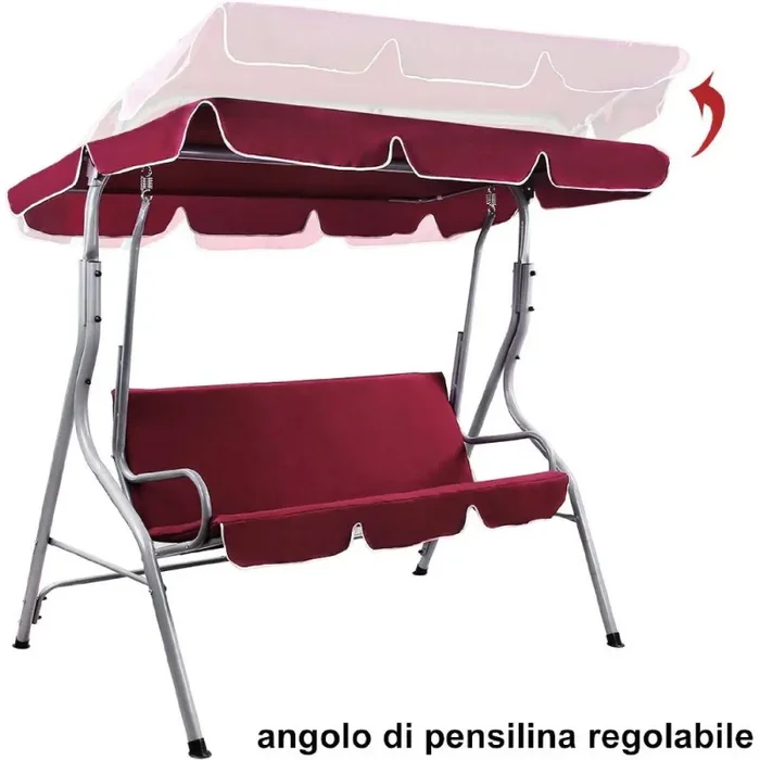 Dondolo da Giardino 3 Posti Altalena Esterno Acciaio + Tettuccio Rosso Bordeaux - immagine 3