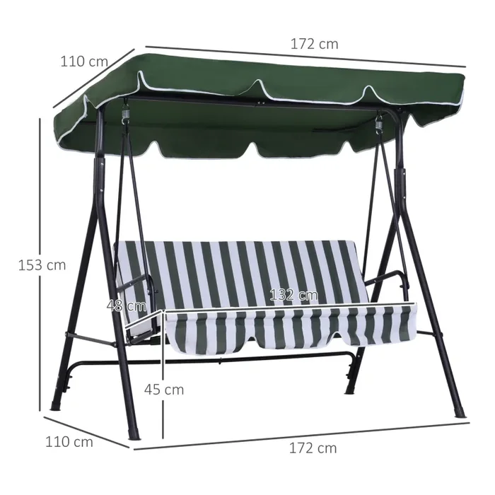 Dondolo da Giardino a 3 Posti 172x110x153 cm con Tettuccio Inclinabile e Cuscini Verde - immagine 3