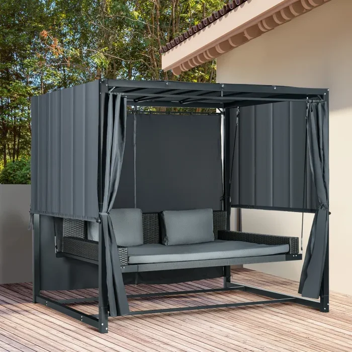 Dondolo Lettino con Pergola da Giardino 235x180x210 cm in Acciaio e Rattan PE Grigio Scuro - immagine 2