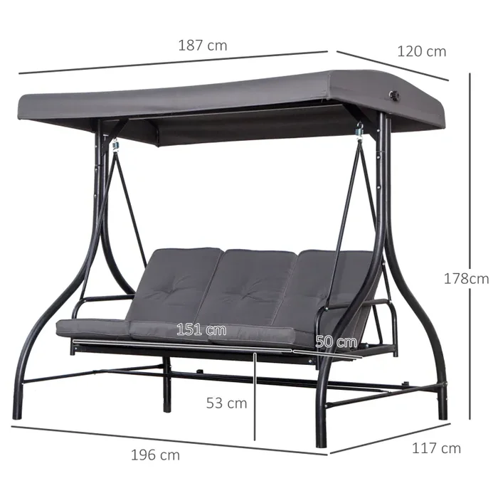 Dondolo Letto 3 Posti 195x117x174 cm in Metallo e Poliestere Grigio - immagine 3