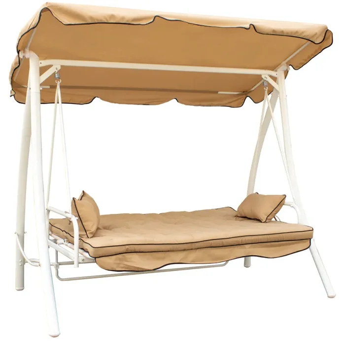 Dondolo Letto 3 Posti da Giardino 199x90x176 cm in Acciaio e Poliestere Beige - immagine 2