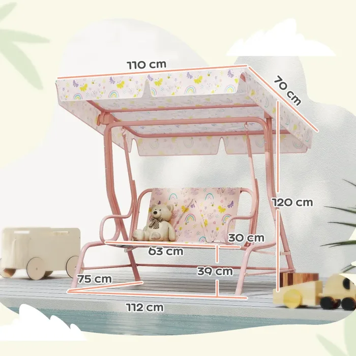 Dondolo per Bambini da Giardino a 2 Posti 112x75x120 cm a 2 Posti con Cinture di Sicurezza Rosa - immagine 3