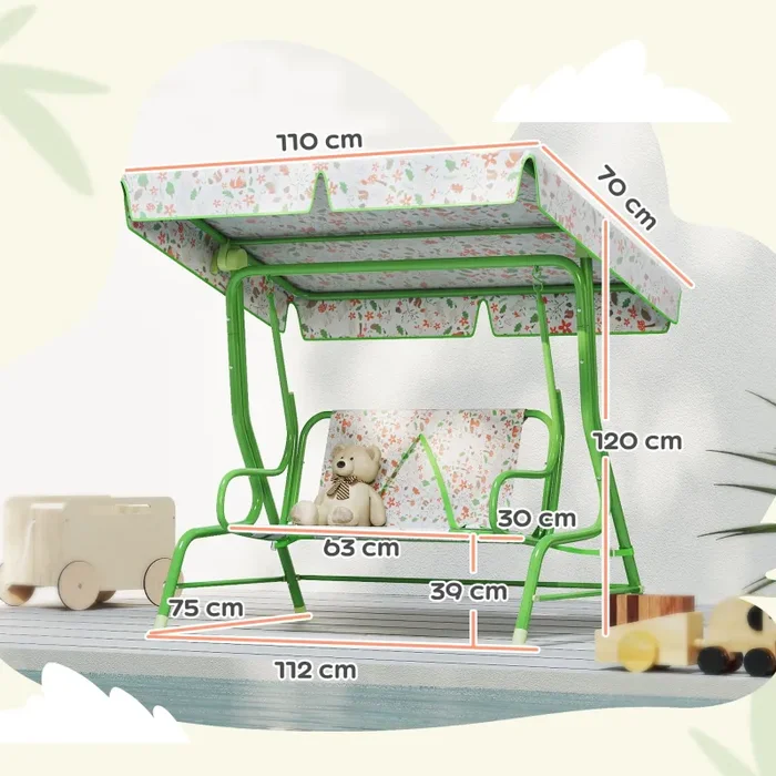 Dondolo per Bambini da Giardino a 2 Posti 112x75x120 cm a 2 Posti con Cinture di Sicurezza Verde - immagine 3
