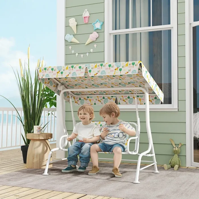 Dondolo per Bambini da Giardino a 2 Posti 112x75x120 cm con Cinture di Sicurezza Bianco - immagine 2