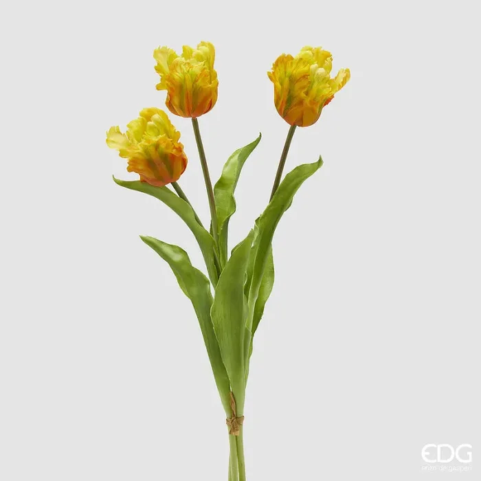 EDG Enzo De Gasperi Bouquet 3 Tulipani Parrot con Foglie Artificiali H 51 Cm Yellow Green Moda