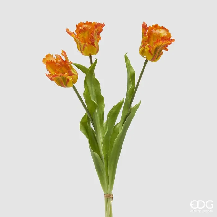 EDG Enzo De Gasperi Bouquet 3 Tulipani Parrot con Foglie Artificiali H 51 Cm Yellow Orange