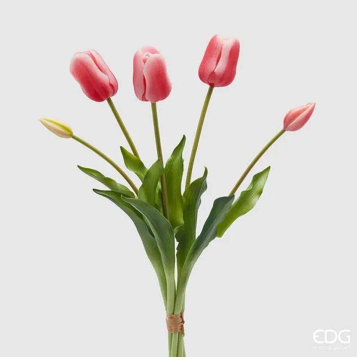 EDG Enzo De Gasperi Bouquet 5 Tulipani con Foglie Artificiali H 48 Cm Dark Pink