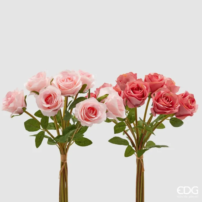 EDG Enzo De Gasperi Mazzo Rosa 10 Pz con Foglie Ass. H 40 Cm Bouquet Pink 1 Pz