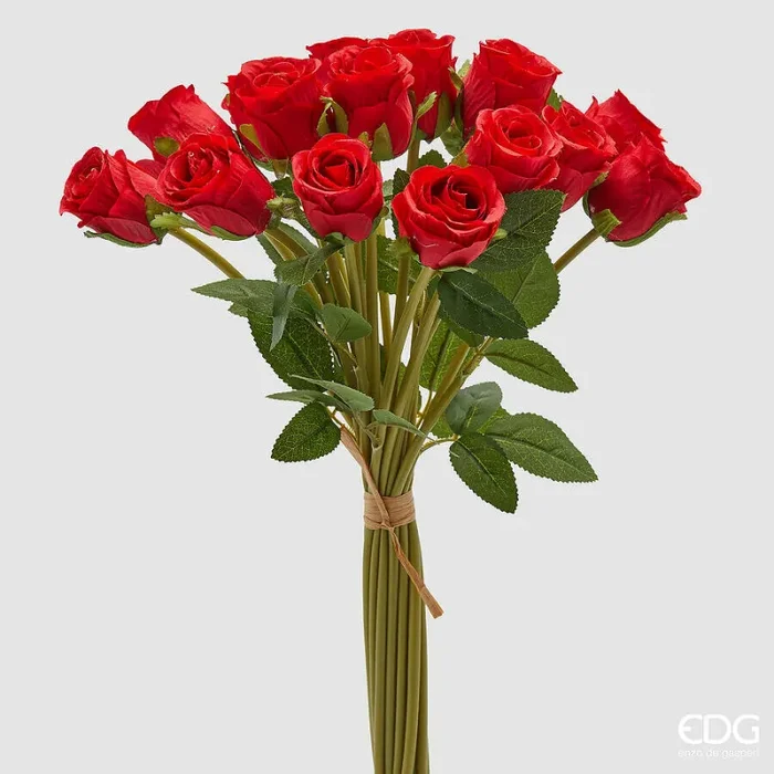 EDG Enzo De Gasperi Mazzo Rosa con Foglie H 40 Cm Bouquet 18 Fiori Red