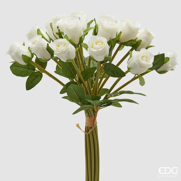 EDG Enzo De Gasperi Mazzo Rosa con Foglie H 40 Cm Bouquet 18 Fiori White