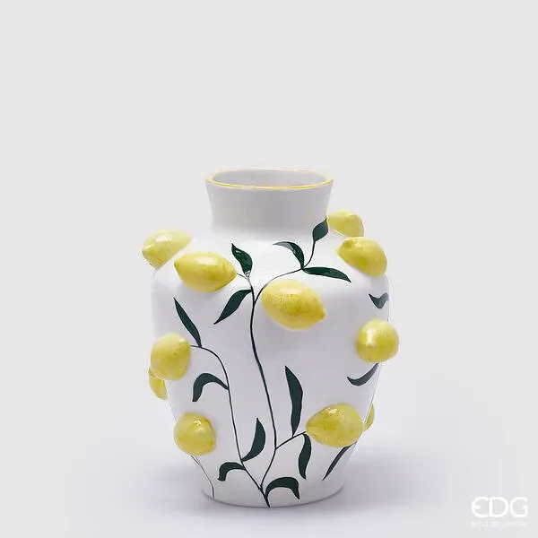 EDG Enzo De Gasperi Vaso Limoni Anfora H 26 Cm D 22 Cm Bianco e Giallo