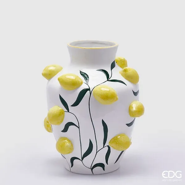 EDG Enzo De Gasperi Vaso Limoni Anfora H 31 Cm D 26 Cm Bianco e Giallo