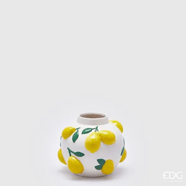 EDG Enzo De Gasperi Vaso Limoni Sfera H 13 Cm D 16 Cm Bianoc e Giallo