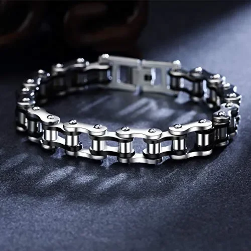 Faysting EU Bracciale catena in acciaio inox moto personalizzata Nero Argento - immagine 3