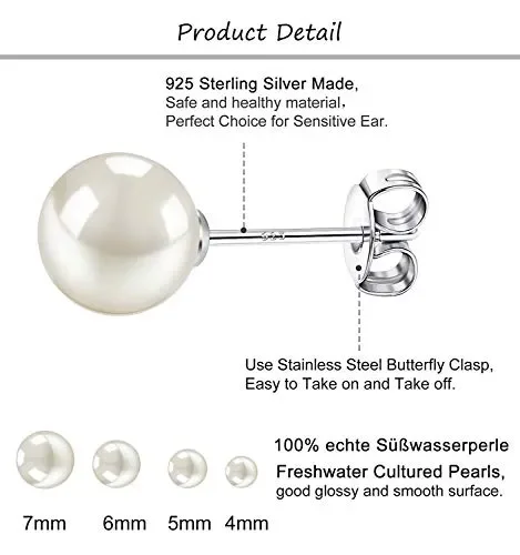 Finrezio 4 Paia Orecchini A Bottone In Argento Sterling Con Perla D’acqua… - immagine 3