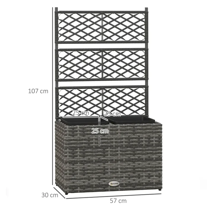 Fioriera con Grigliato per Rampicanti con 2 Vasi 57x30x107 cm in Acciaio e Rattan PE Grigio - immagine 3