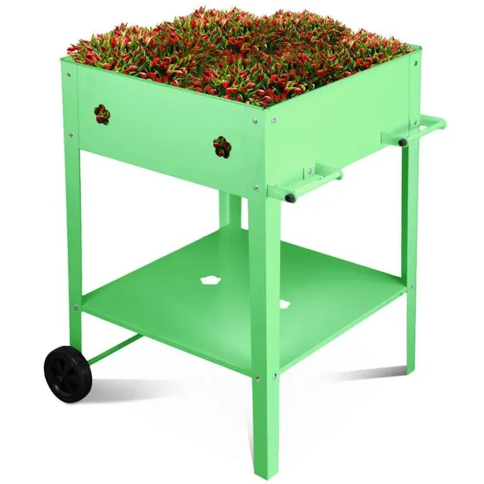 Fioriera Orto Rialzato da Giardino 57x57x80 cm in Metallo con Ruote Verde