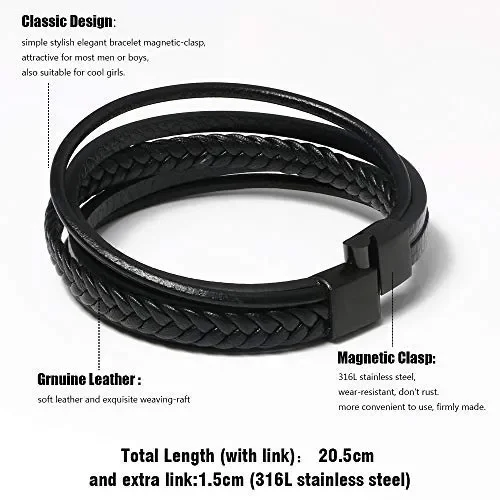 flintronic Bracciale Intrecciato in Pelle, Braccialetto #1 Nero(20.5cm-22cm) - immagine 2