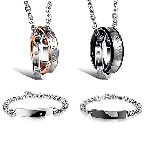 Flongo Coppia Bracciali Braccialetto Lui & Lei,”Ti ho nel cuore”, Acciaio Set