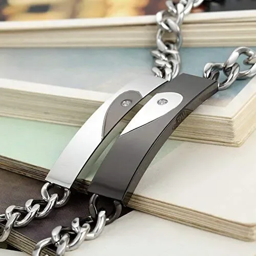 Flongo Coppia Bracciali Braccialetto Lui & Lei,”Ti ho nel cuore”, Acciaio Set - immagine 2